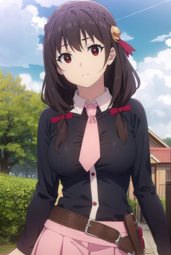 konosubayunyun, <lora:konosuba yunyun movie-lora-nochekaiser:1>,
yunyun, long hair, brown hair, hair ornament, (red eyes:1.3), bow, ribbon, twintails, braid, hair bow,
BREAK skirt, long sleeves, necktie, belt, clothing cutout, cleavage cutout, pink skirt, pink necktie,
BREAK outdoor, forest, nature, trees, village, sky, sun, clouds,
BREAK looking at viewer, (cowboy shot:1.5),
BREAK <lyco:GoodHands-beta2:1>, (masterpiece:1.2), best quality, high resolution, unity 8k wallpaper, (illustration:0.8), (beautiful detailed eyes:1.6), extremely detailed face, perfect lighting, extremely detailed CG, (perfect hands, perfect anatomy),