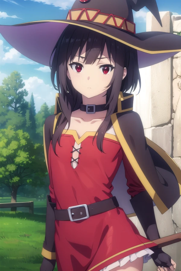 konosubamegumin, <lora:konosuba megumin movie-lora-nochekaiser:1>,
megumin, short hair, black hair, (red eyes:1.3), short hair with long locks,
BREAK thighhighs, gloves, hat, dress, black gloves, belt, black thighhighs, fingerless gloves, cape, collar, witch hat, bandages, red dress, single thighhigh, asymmetrical legwear, bandaged leg,
BREAK outdoor, forest, nature, trees, village, sky, sun, clouds,
BREAK looking at viewer, (cowboy shot:1.5),
BREAK <lyco:GoodHands-beta2:1>, (masterpiece:1.2), best quality, high resolution, unity 8k wallpaper, (illustration:0.8), (beautiful detailed eyes:1.6), extremely detailed face, perfect lighting, extremely detailed CG, (perfect hands, perfect anatomy),