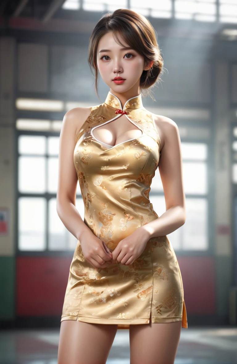 Hyperrealistic art of (masterpiece,best quality,ultra high res:1.1),(photo-realistic:1.1),hanging breasts,face_focus,1girl,front view,
(separate legs:1.1),sweat,female orgasm,
looking at viewer,side_light,
(white_background:1.2),(blurry_simple_background:1.5),
<lora:EasyFix>,(overfit style:1.3),
gold_cheongsam,qipao1,stage,<lora:qipao1_XL_reg1_-000004:1>,train station,<lora:fengmumu_XL_0_:0.5>, fengmumu,, Extremely high-resolution details, photographic, realism pushed to extreme, fine texture, incredibly lifelike