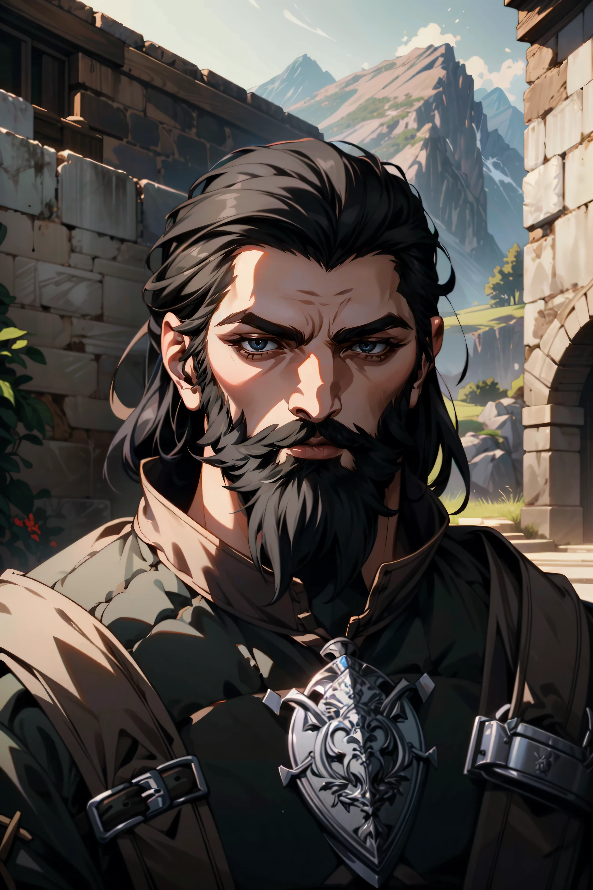((ultra detailed, masterpiece, absurdres))
<lora:DAIBlackwall:0.9>
DAIBlackwall, 1boy, solo, black hair, beard, medieval landscape, portrait