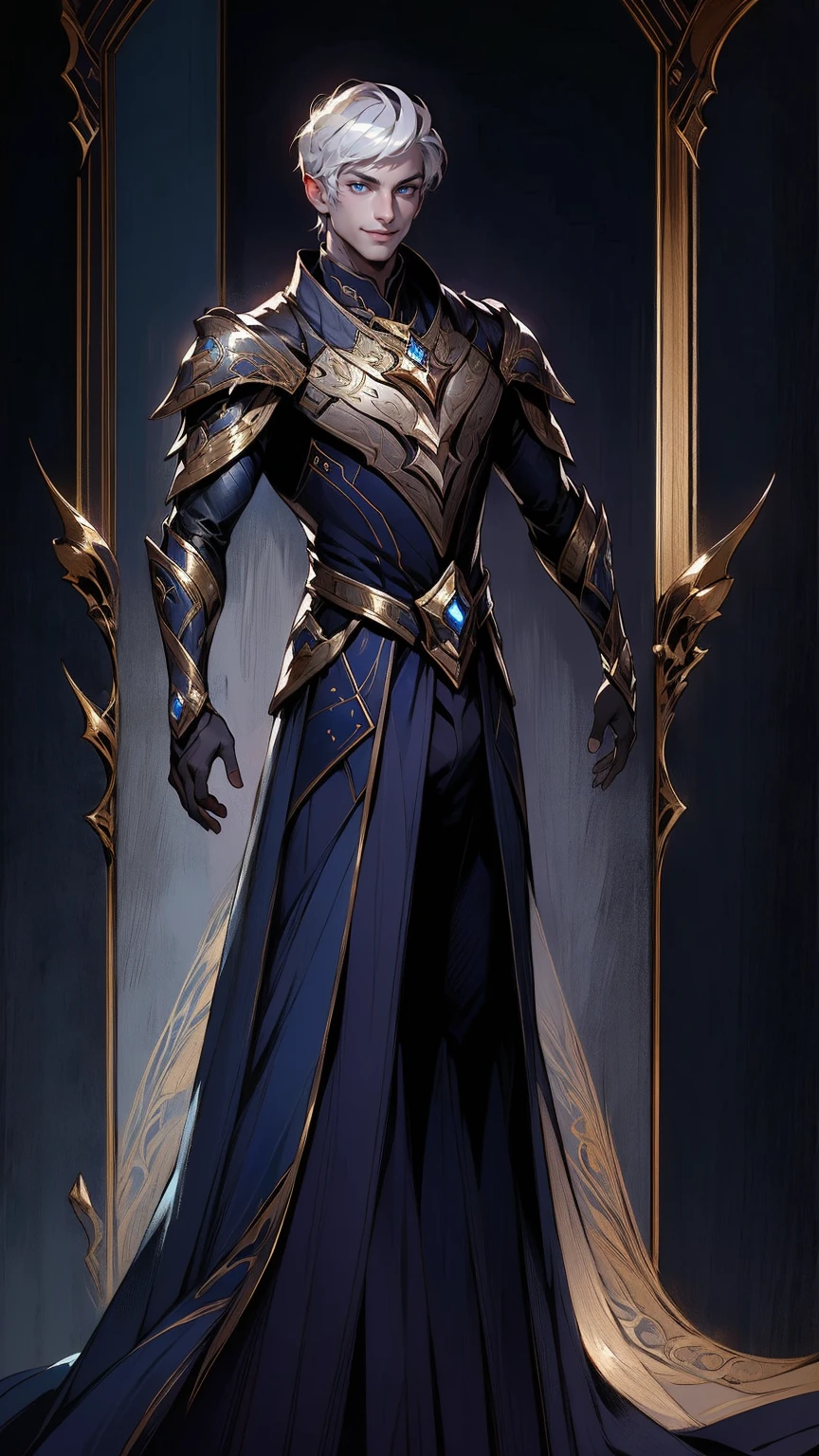 (oil painting artstyle), <lora:sxz-niji-v2:.2> , <lora:epi_noiseoffset2:1> ,standing before throne, 20 year young male prince,male, armored dress,smile, , combed hair,seductive smile, sapphire necklace, full lips, detailed blue eyes, ,white hair,blue skin,
<lora:drow_offset:1>
