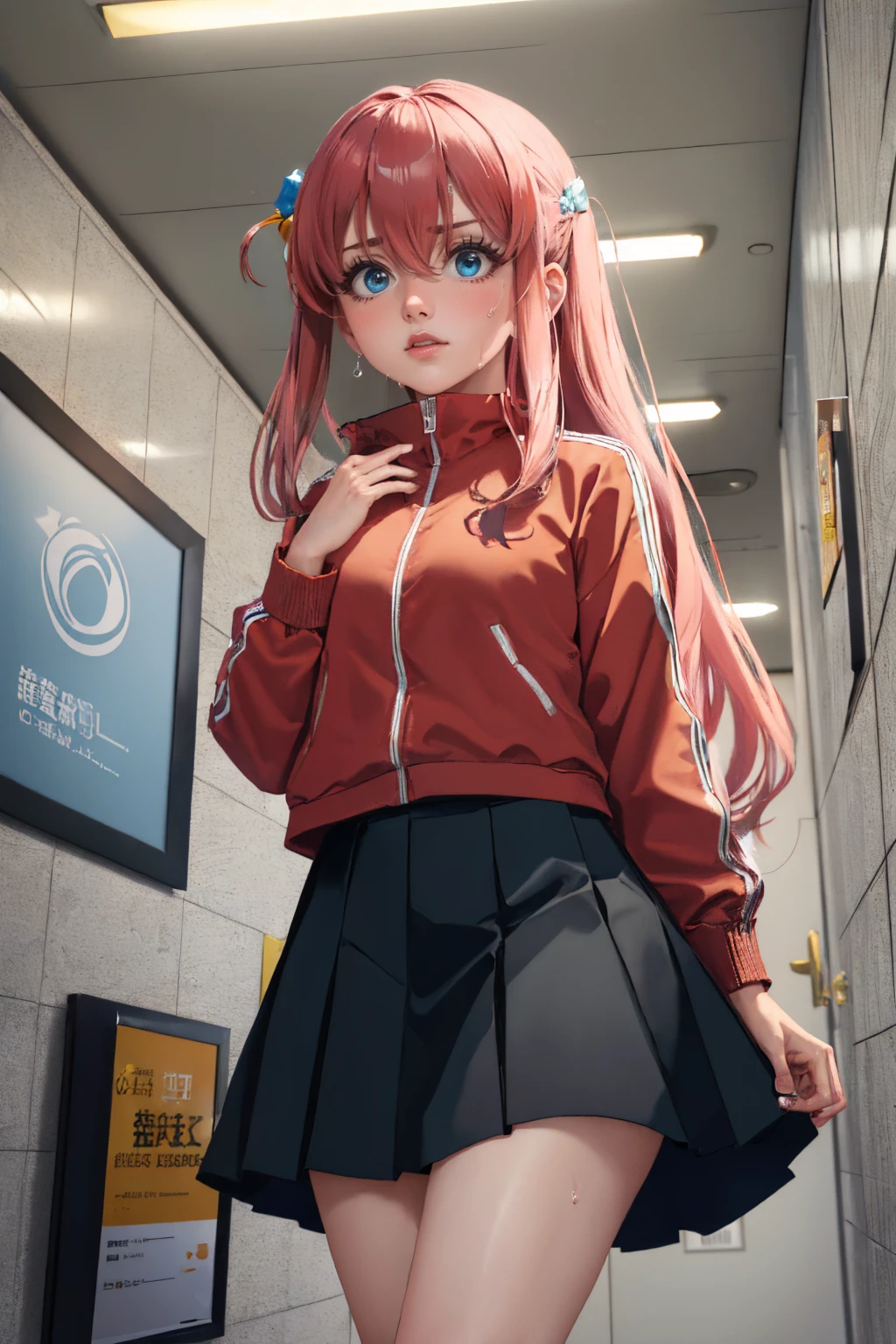 (masterpiece, best quality:1.2), theexit8, indoors, tiles, solo, 1girl, gotohdef, nervous, scared, (sweat:1.1), one side up, cube hair ornament, pink jacket, track jacket, long sleeves, skirt <lora:background_theexit8-10:1> <lora:bocchi_gotoh:0.9>
