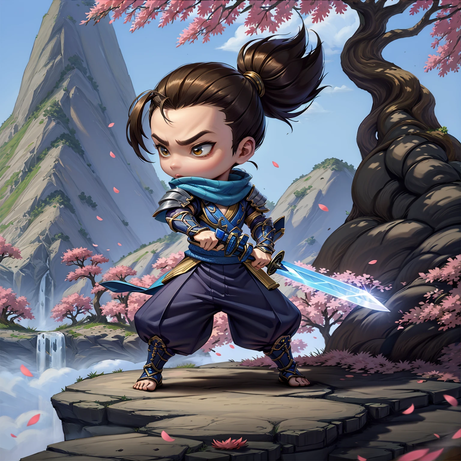 HEZI, Teamfight Tactics, little heroes, weapon, brown hair, brown eyes, solo, cherry blossoms, ponytail, sheath, holding, holding weapon, outdoors, 1girl, long hair, tree, petals, sword, chibi, standing, fighting stance, ninja, full body, male focus, sheathed, katana, architecture, holding sword, east asian architecture, day, scarf, armor, 1boy, wind, pants, sky, rock, artist name, barefoot, mask, kunai, blurry, scabbard, ahoge, serious, bangs,<lora:å°å°è±é-000010:0.65>,