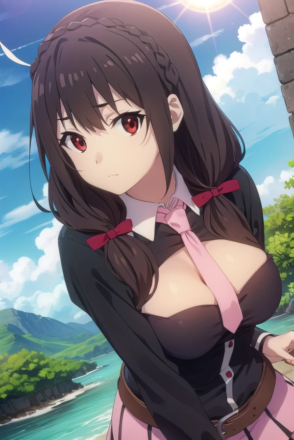 konosubayunyun, <lora:konosuba yunyun movie-lora-nochekaiser:1>,
yunyun, long hair, brown hair, hair ornament, (red eyes:1.3), bow, ribbon, twintails, braid, hair bow,
BREAK skirt, long sleeves, necktie, belt, clothing cutout, cleavage cutout, pink skirt, pink necktie,
BREAK outdoor, forest, nature, trees, village, sky, sun, clouds,
BREAK looking at viewer, (cowboy shot:1.5),
BREAK <lyco:GoodHands-beta2:1>, (masterpiece:1.2), best quality, high resolution, unity 8k wallpaper, (illustration:0.8), (beautiful detailed eyes:1.6), extremely detailed face, perfect lighting, extremely detailed CG, (perfect hands, perfect anatomy),