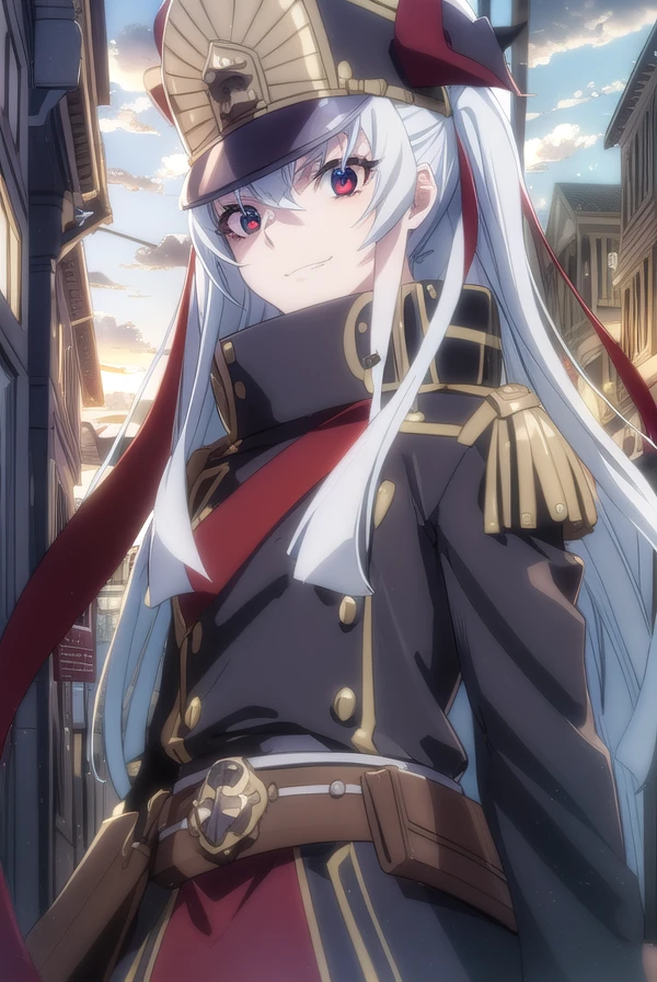 recreatorsaltair, <lora:recreators altair s1-lora-nochekaiser:1>,
altair, long hair, (red eyes:1.3), very long hair, white hair, smile, grin,
BREAK gloves, hat, uniform, military, military uniform, shako cap,
BREAK outdoor, city, night, sky, buildings, moon, clouds,
BREAK looking at viewer, (cowboy shot:1.5),
BREAK <lyco:GoodHands-beta2:1>, (masterpiece:1.2), best quality, high resolution, unity 8k wallpaper, (illustration:0.8), (beautiful detailed eyes:1.6), extremely detailed face, perfect lighting, extremely detailed CG, (perfect hands, perfect anatomy),