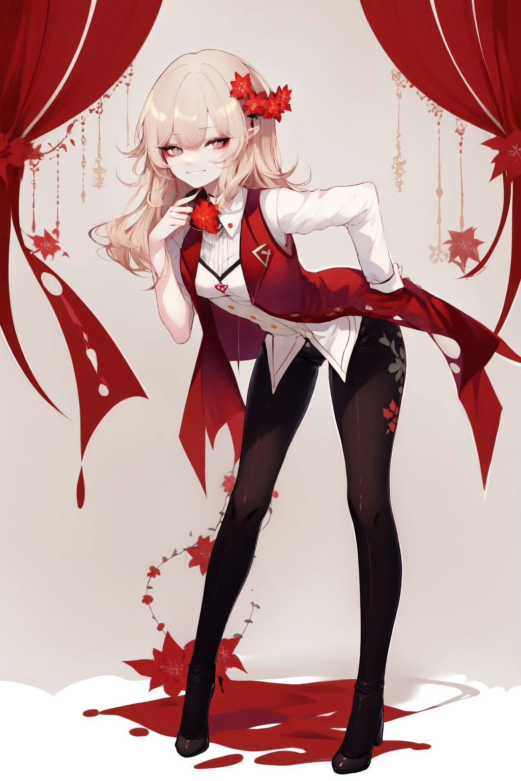 full body,  solo, 1girl, clenched teeth, leaning forward golden hair, curtained hair, dark grey eyes, red waistcoat, Common_Myrtle \(flower\), floral background <lora:Sheya_style_v01.10.10.01:1>