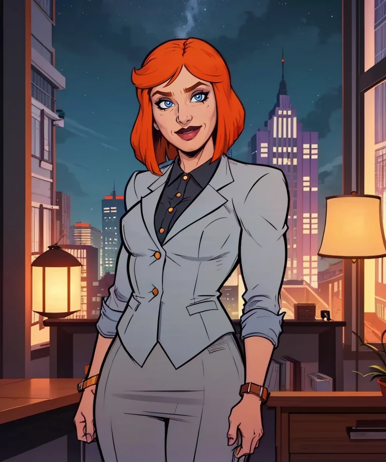 judy,blue eyes,orange hair,bob cut,
grey suit,smile,blue skirt,pants,
in office,night,cityscape,
standing,
(insanely detailed, beautiful detailed face, masterpiece, best quality) solo,<lora:Birdgirl-12JK:0.7>,