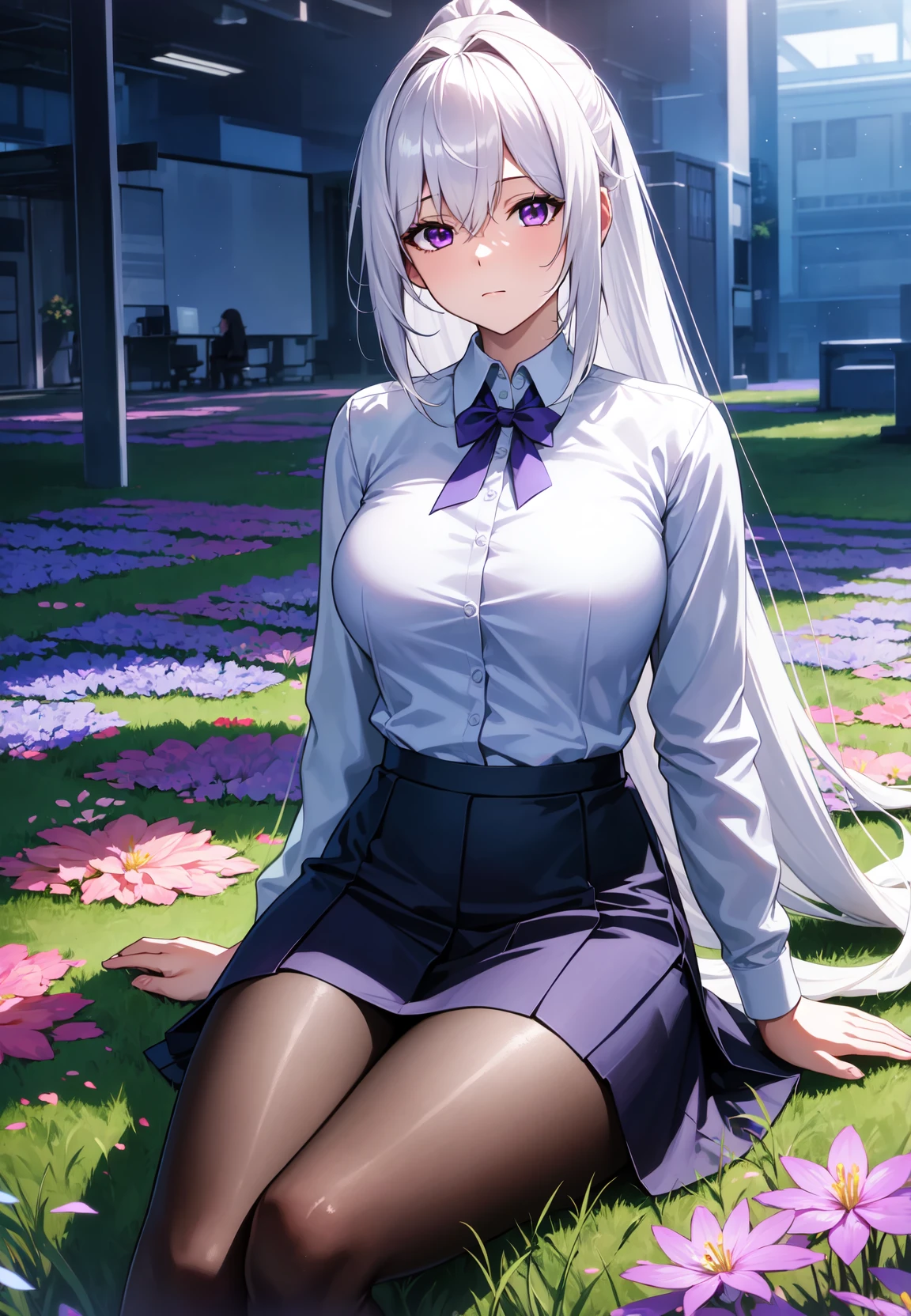 absurdres, highres, (official art, beautiful and aesthetic:1.2), ultra detail, beautiful person, long hair, very very long hair, white hair, purple eyes, ponytail,
skirt, shirt, long sleeves, sitting, pantyhose, black skirt, office lady, 
country side, bluesky,
wind effects, flower effects, cowboy shot,
 <lora:aylss_divineElegance:0.65>