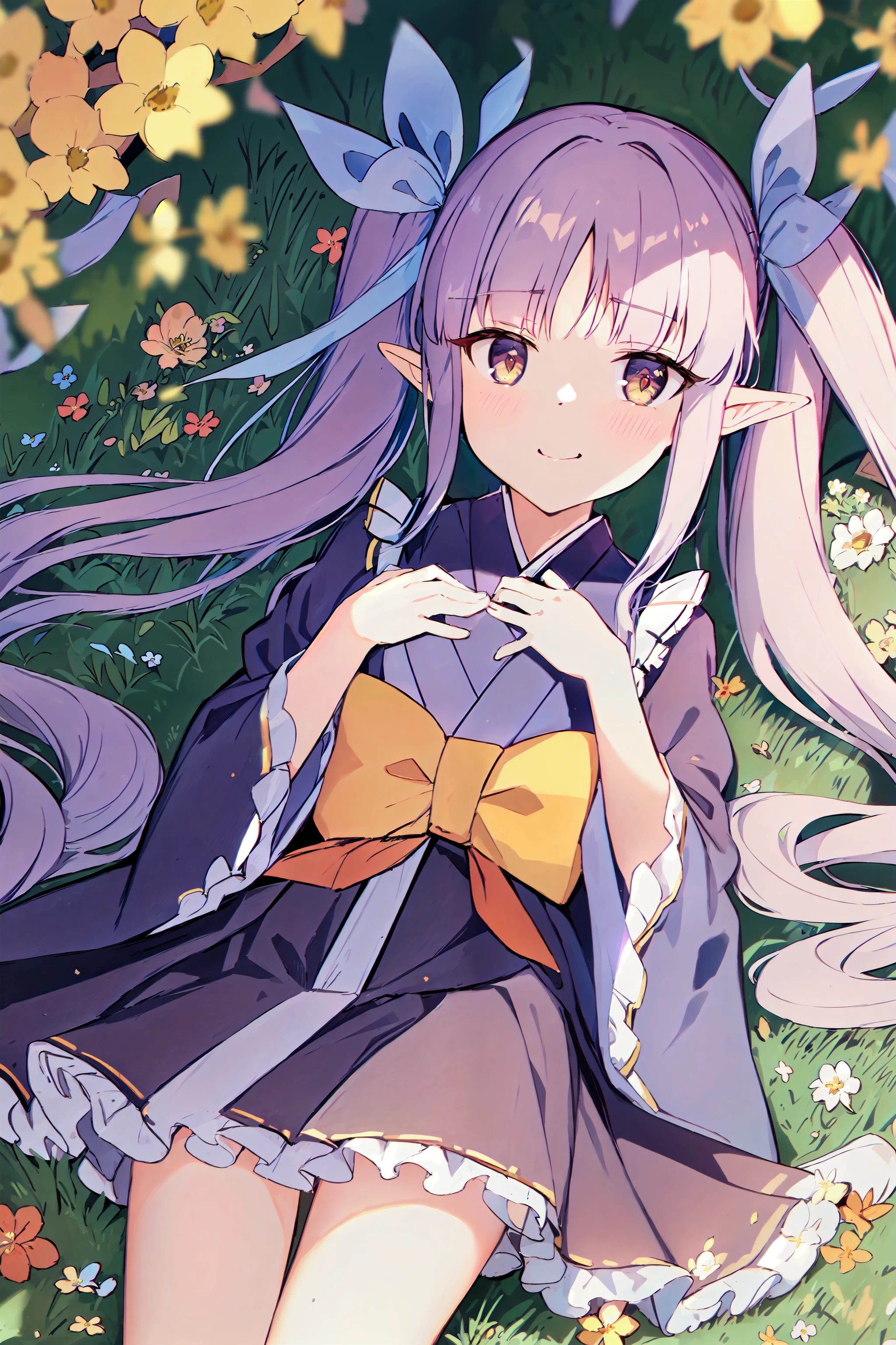 (masterpiece:1.3),(best quality:1.3),incredibly absurdres,ultra detail,
<lora:kyouka333-000009:0.8>,kyouka_default,bangs,elf,kyouka \\(princess connect!\\),long hair,pointy ears,purple hair,twintails,ribbon,japanese clothes,kimono,very long hair,hair ribbon,long sleeves,brown eyes,wide sleeves,blue kimono,blue ribbon,bow,sidelocks,(frills:1.2),
(detailed light),cowboy shot,(lying:1.3),(hand on own chest:1.2),leaves,nature,(sunlight),(bloom),(flower field:1.3),smile,