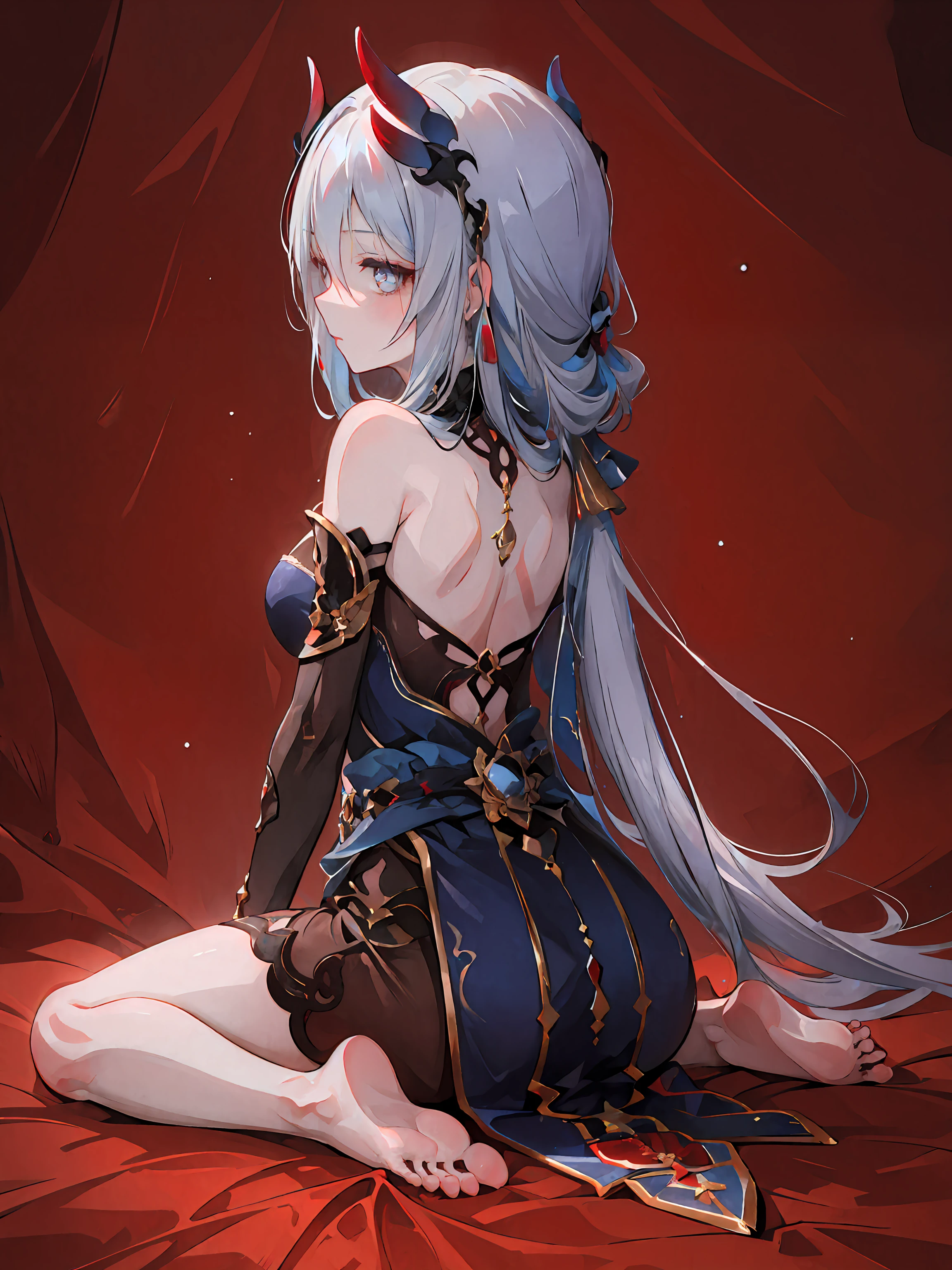 ((masterpiece,best quality)), 1girl, hanya, horns, elbow gloves, barefoot, barefoot, wariza, from behind, looking back,