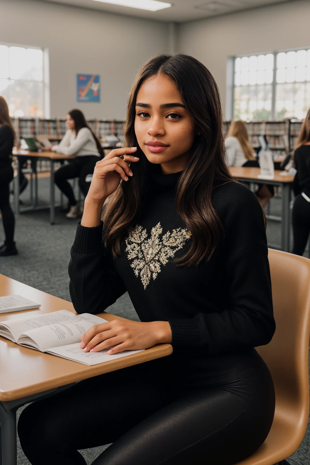 (CINEMATIC SHOT:1.4)(Packed College Library:1.4) (The 21 year old College Girl perky boobs:1.4) TrualityCampus_Sunny (Brunette Hair.1.3)(Black Leggings and a Sweater:1.4)((Photo Focus, DOF, Aperture, insanely detailed and intricate, character, hypermaximalist, elegant, ornate, beautiful, exotic, revealing, appealing, attractive, amative, hyper realistic, super detailed, (lens flare:1.1) heresy flares)) (Sitting:1.4) (studying with friends at the library:1.4) <lora:people_count_slider_v1:4>