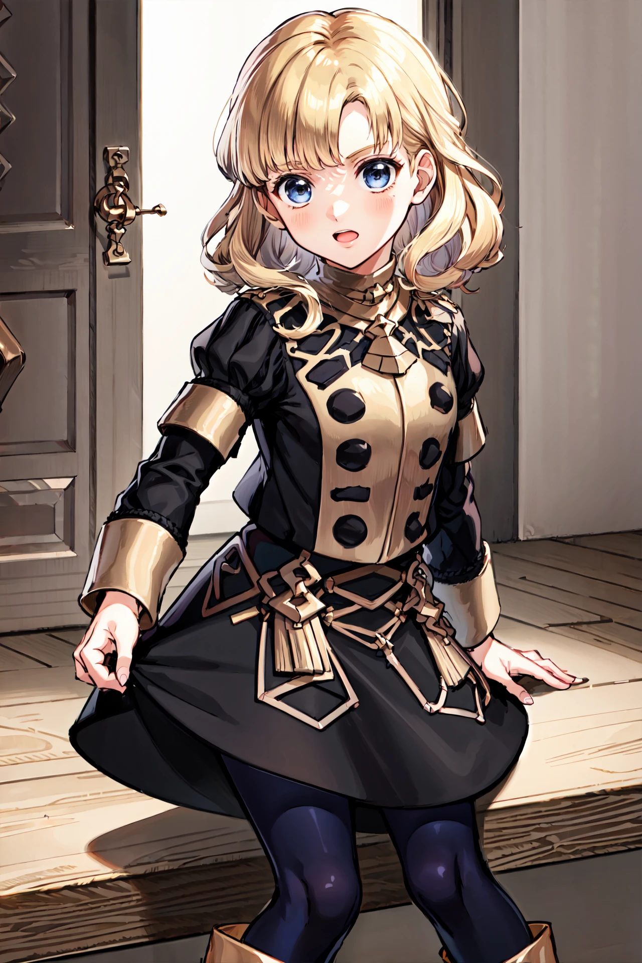 child,<lora:yuliyaV2:0.95>, yuliya, wavy hair,curly hair,short_hair,boots, <lora:gmuniform-nvwls-v1:1>,gmuniform,pantyhose,indoors,(masterpiece, best quality, ultra-detailed, best shadow)