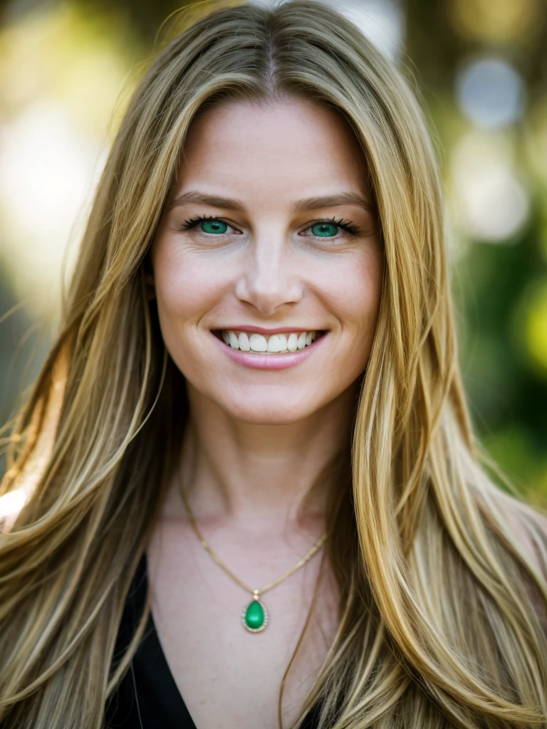 Realistic photo of a beautiful br1dg3tf woman,1girl,solo,long hair,looking at viewer,smile,blonde hair,jewelry,green eyes,upper body,teeth,necklace,grin,lips,portrait,realistic, soft lighting, professional Photography, Photorealistic, detailed, RAW, analog, sharp focus, 8k, HD, high quality, masterpiece<lora:br1dg3tf:1.0>