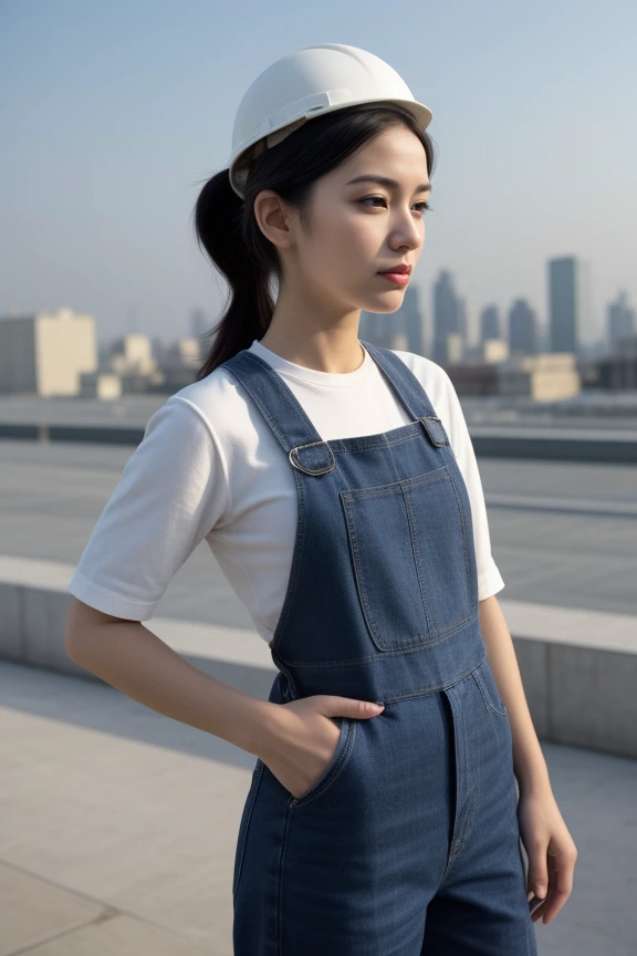 4. A young professional female architect (ethnicity: South Asian, age: early 30s) at a modern construction site (setting: urban development). She's dressed in smart, casual attire (fabric: durable, comfortable) with a protective hard hat and safety vest. Her hair is pulled back in a functional ponytail, and her makeup is minimal yet sharp. She's reviewing blueprints (detail: intricate) against the backdrop of the evolving skyline, her pose confident and visionary.