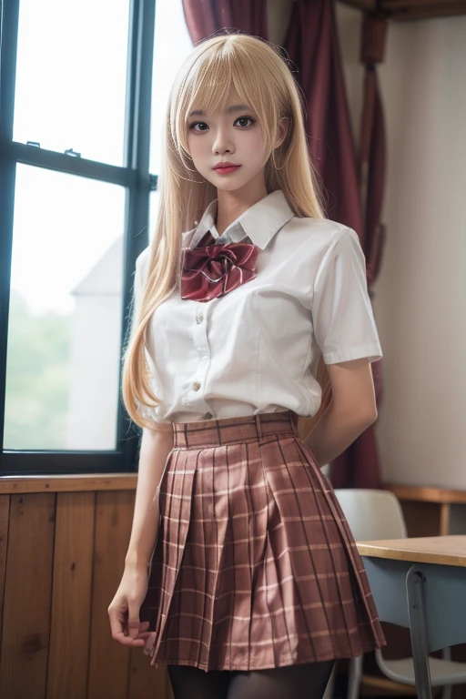 ltra-detailed,highly detailed,best quality,masterpiece,illustration,realistic,photorealistic,
shiina mahiru,xiaofu, 1girl, solo, cosplay,
school uniform,collared shirt, short sleeves, bowtie, plaid pleated skirt, pantyhose, crossdressing,
very long hair, blonde hair, bangs,
looking at viewer, standing,
photo inset, reference inset, indoors,
<lora:shiina mahiru xiaofu_v1_05:0.8>