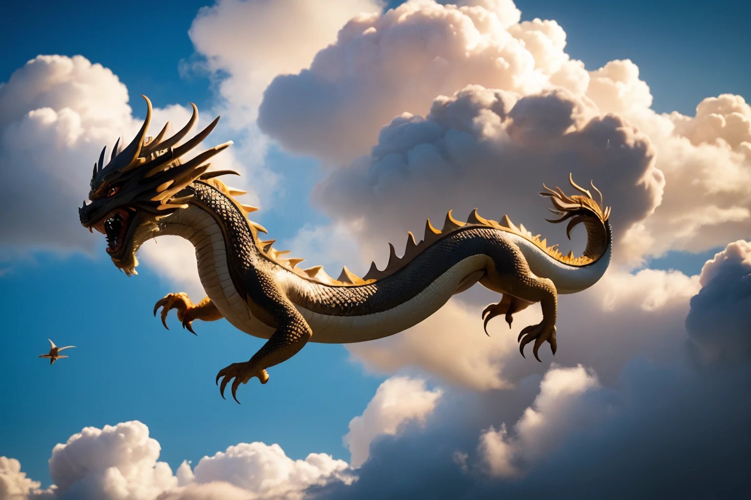 chinesedragon,white dragon,full body,dragon,no humans,eastern dragon,cloud,sky,glowing eyes,open mouth,fangs,(fly in the sky:1.4),cloudy sky,dragon claw,bristles,(dragon has four legs:1.4),<lora:AgainChineseDragon_v1:0.3>,<lora:ChineseDragon_v1:0.3>,