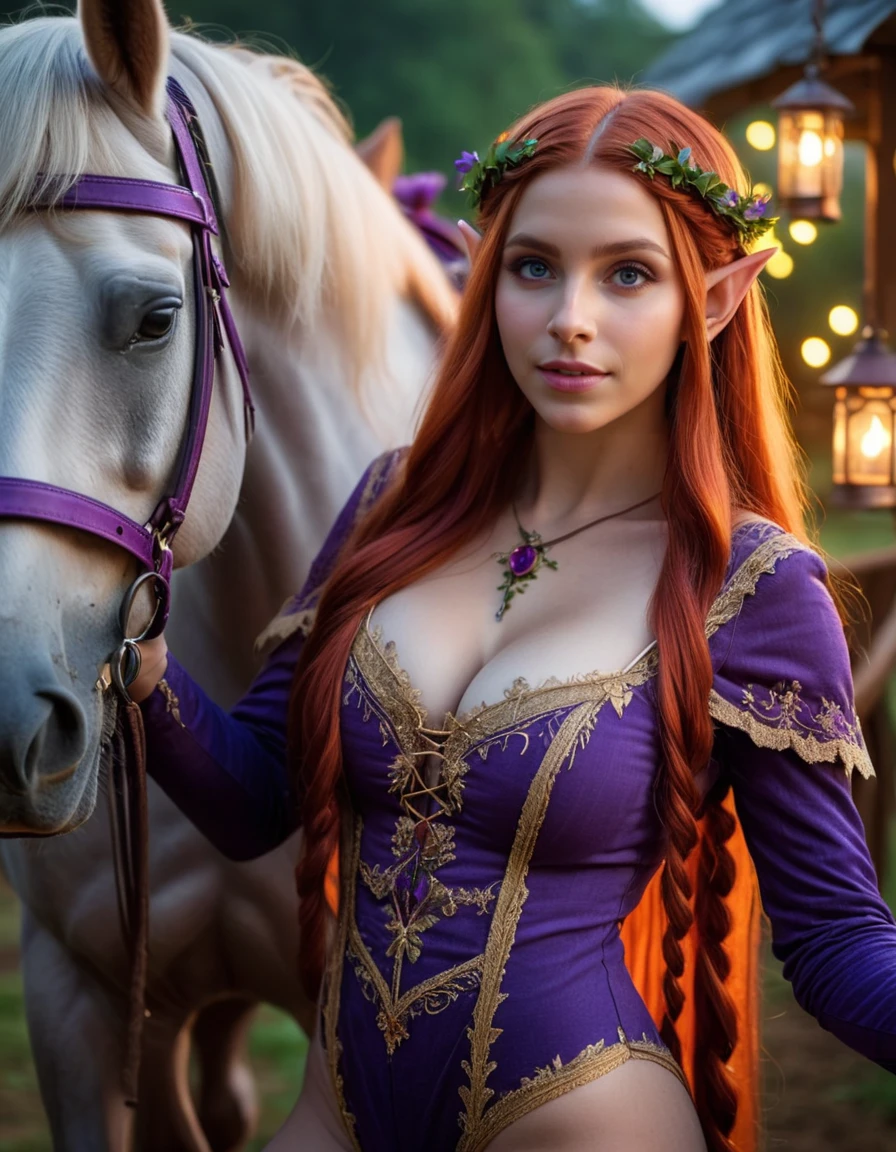 (zoomed out, far shot, full body:1.3) photo of a giggling, (perfect teeth:1.3) trusting amateur voluptuous young 27 year old (fae fantasy style:1.5) (Urdu:1.3) (elf woman:1.5) with long straight braids red hair (giant breasts:1.3), big ass.
She is wearing a (fantasy:1.3) (royal purple strappy bodysuit, high heels:1.1).
She is stepping facing down, in a (enchanted magical fantasy:1.3) farm with horses and lights. morning, misty.
cinematic lighting, vibrant colors, detailed skin texture, detailed cloth texture, beautiful detailed perfect face, (intricate sharp details:1.5), ultra high res