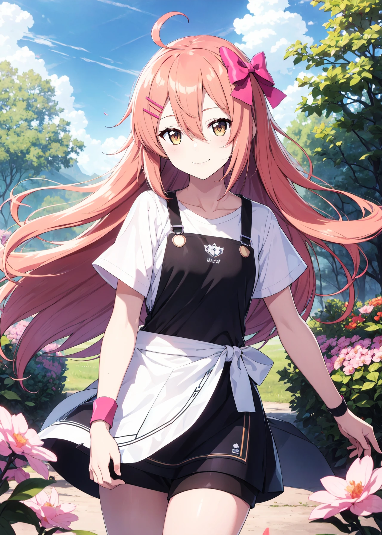 absurdres, highres, (official art, beautiful and aesthetic:1.2), ultra detail, beautiful person, very long hair, long hair, 1girl, solo, bangs, hair between eyes, orange eyes, orange hair,
smile, shirt, hair ornament, bow, collarbone, white shirt, ahoge, short sleeves, hair bow, shorts, hairclip, black skirt, apron, pink bow, wristband,
country side, bluesky, bare legs,
wind effects, flower effects, (cowboy shot),
<lora:yuna_agenate:0.65>
