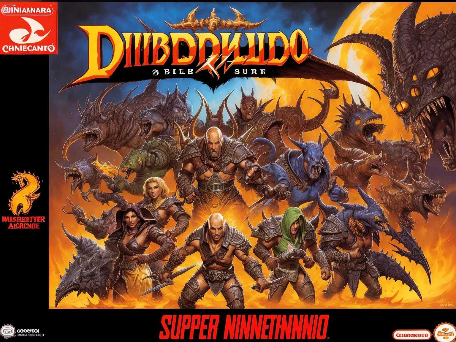 retro game art concept art <lora:quiron_SNESCover_v2_lora:0.97> , SnesQuiron cover, masterpiece, best quality, ((diablo) game), videogame cover, snes cover, cover, logo, game title, english text, Full cover, . digital artwork, illustrative, painterly, matte painting, highly detailed . 16-bit, vibrant colors, pixelated, nostalgic, charming, fun