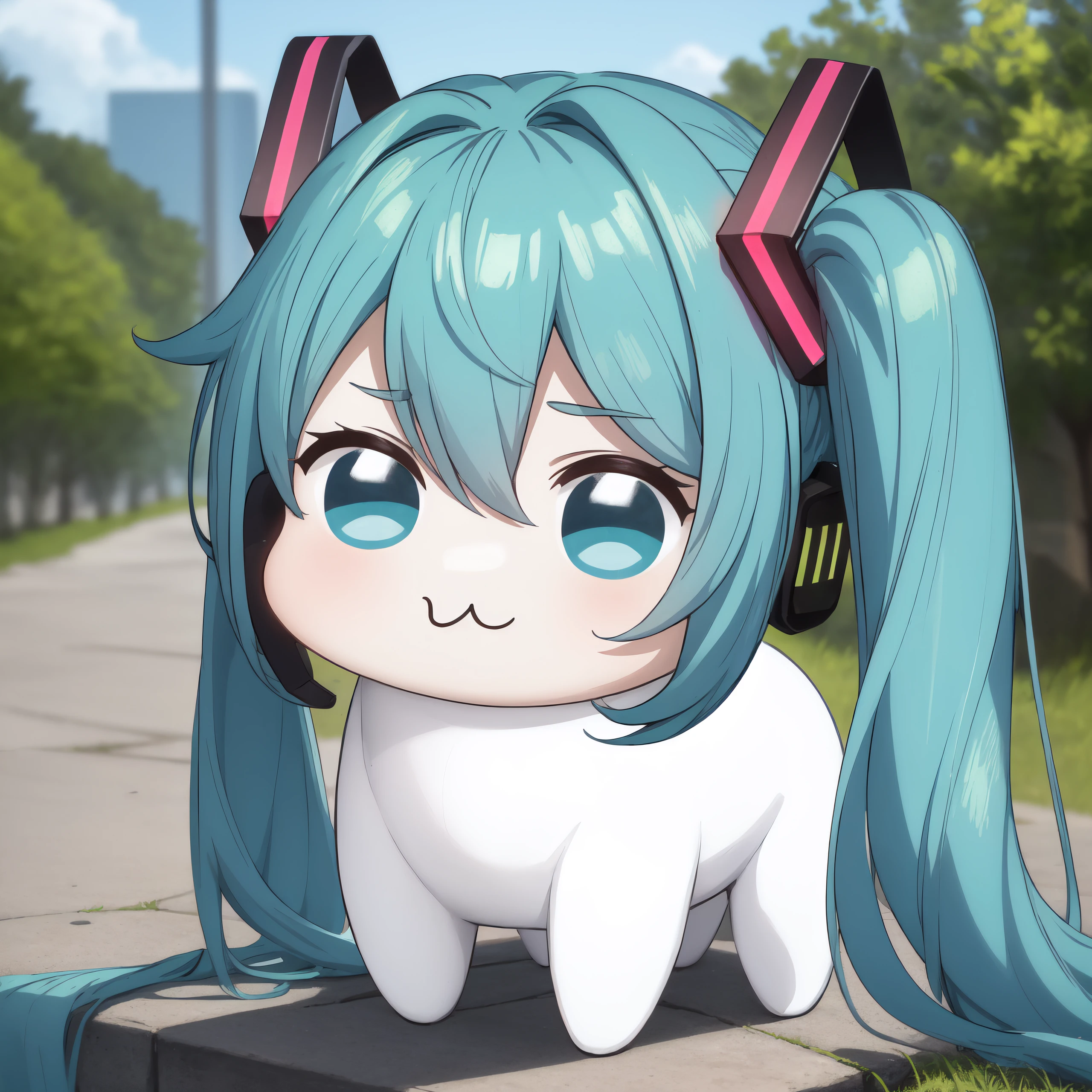 <lora:DoroX_V1:0.8> masterpiece, best quality, doro, creature, chibi, ;3, scenery, outdoors, hatsune miku