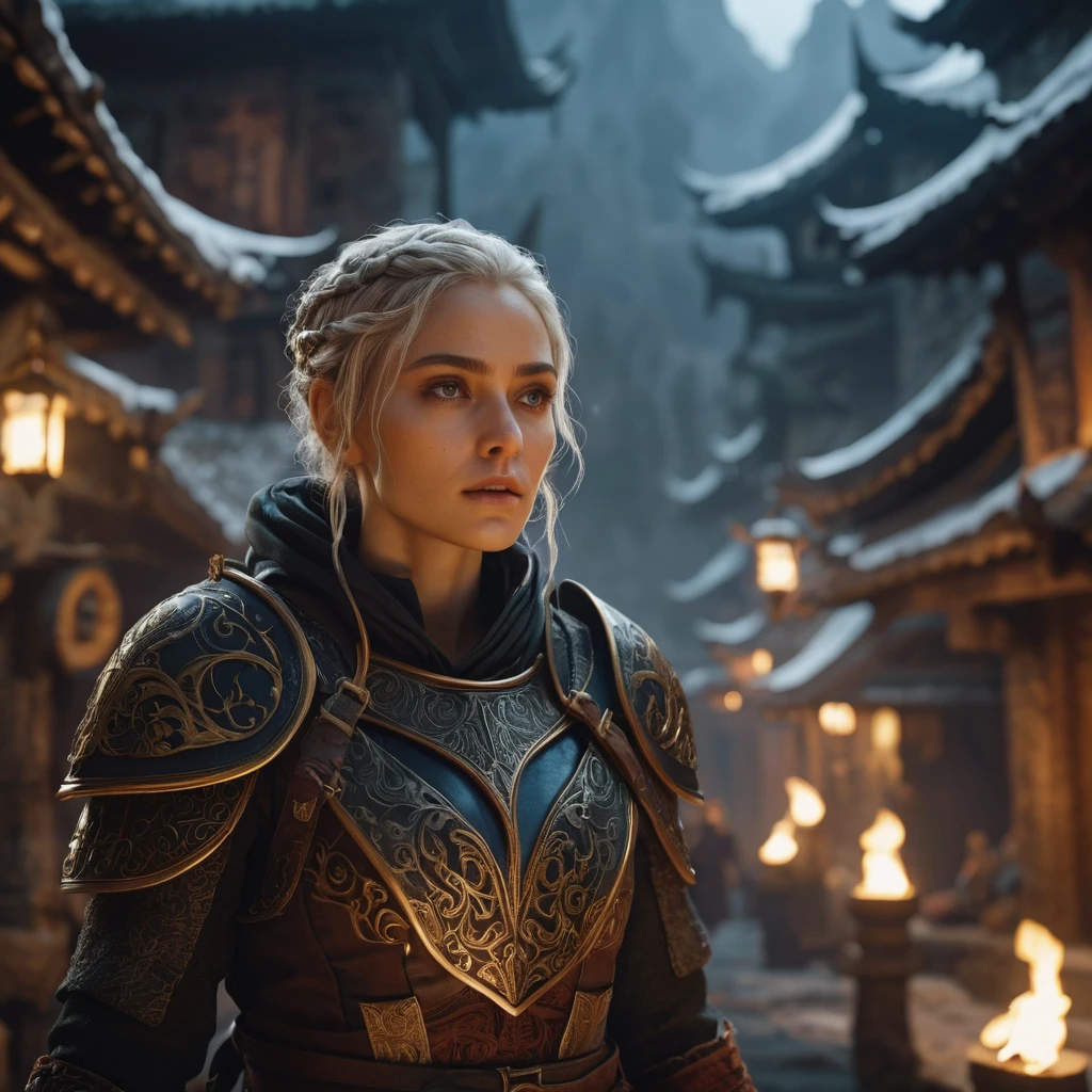 Every element is rendered in extreme quality, aiming for an ultra-HD 8K resolution level of detail. The cinematic and hyperrealistic style makes it feel like a freeze-frame from a high-budget dark fantasy film. The use of film grain adds a texture that gives the scene a gritty, realistic feel.