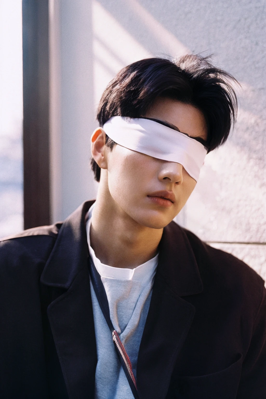 blindfold,blindfolded,1boy,solo,In_front_of_the_window,the_best_light,upper_body,handsome_male,black coat,white_shirt,black hair,short hair,scar,, 8K,best quality:1.2,photographed by SONY A7000,photo,photorealistic,ultrahigh-res,High detail RAW color photo professional photograph,real human skin,film grain,<lora:ClearHand-V2:1>