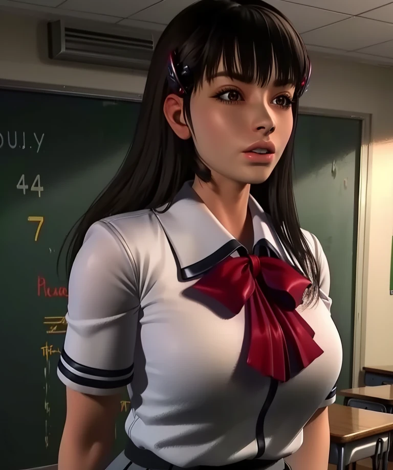 Kayo,black hair,brown eyes,long hair,blunt bangs,
school uniform,red ribbon,white shirt,skirt,hairclip,
standing,upper body,
classroom hallway,dim lighting,
(insanely detailed, beautiful detailed face, masterpiece, best quality),solo,<lora:KayoShinozaki-11UMev8:0.8>,