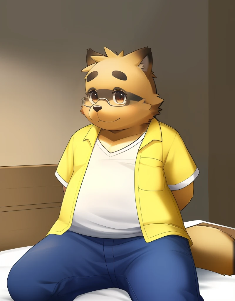 (((detailed eyes, detailed face))), (furry, kounosuke <lora:character_kounosuke_findigo_v1:0.9>, white belly, white chest, glasses), male, (solo), (plump, fat, chubby, overweight), (yellow jacket, open clothes, white shirt, blue pants), sitting, (arms behind back), smile BREAK (konzaburou, ukan_muri, cute), bedroom, (flat shading, [flat color], high brightness), 8k, UHD, masterpiece, (full body)
