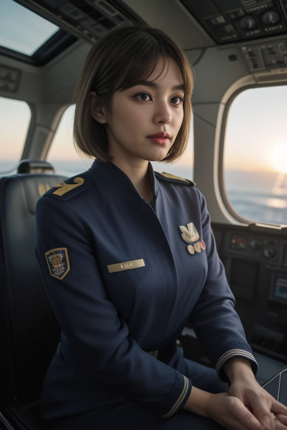 2. A female pilot (ethnicity: Caucasian, age: early 40s) in the cockpit of a commercial airliner (model: modern, advanced). She's dressed in a crisp, navy blue uniform (fabric: wool blend) with golden stripes and badges denoting her rank. Her hairstyle is a sleek, short bob, and her makeup is professional and understated. She's confidently navigating the controls (detail: high-tech), looking out of the cockpit window at a breathtaking sunrise, reflecting a sense of calm expertise. <lora:Instaface-7:1>