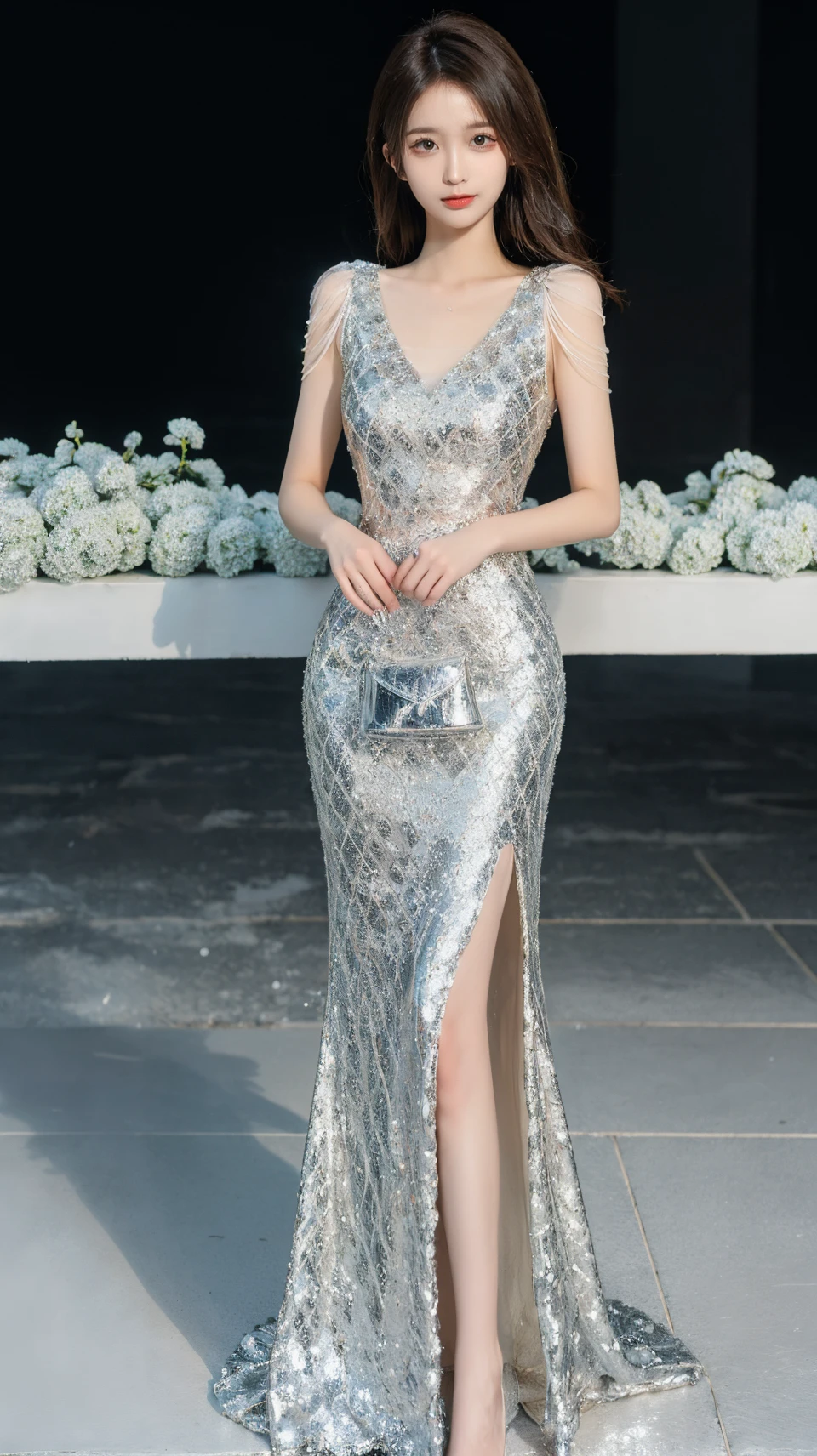 best quality,HDR,UHD,8K,Vivid Colors,solo,front mirror,photo_,(medium),cute & girly,(1girl:1.3),(standing:1.3),snowing,(evening:1.2),(looking at viewer:1.4),Elegant,Angelic,detailed gorgeous face,<lora:momo:0.5>,<lora:rc50:0.75>,rc,shiny,long dress,