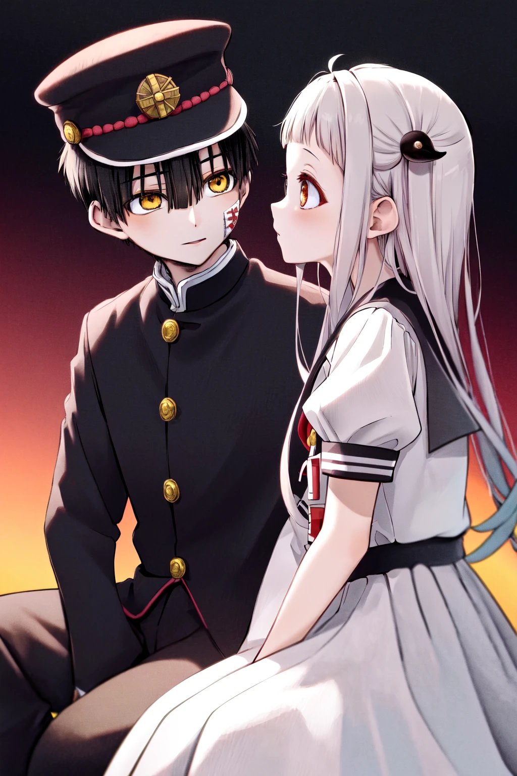 masterpiece, best quality, highres, 1boy hanako yellow eyes, black jacket gakuran hat, 1girl nene red eyes, white dress sailor collar puffy sleeves <lora:hanako_nene_1:1> sitting, side-by-side