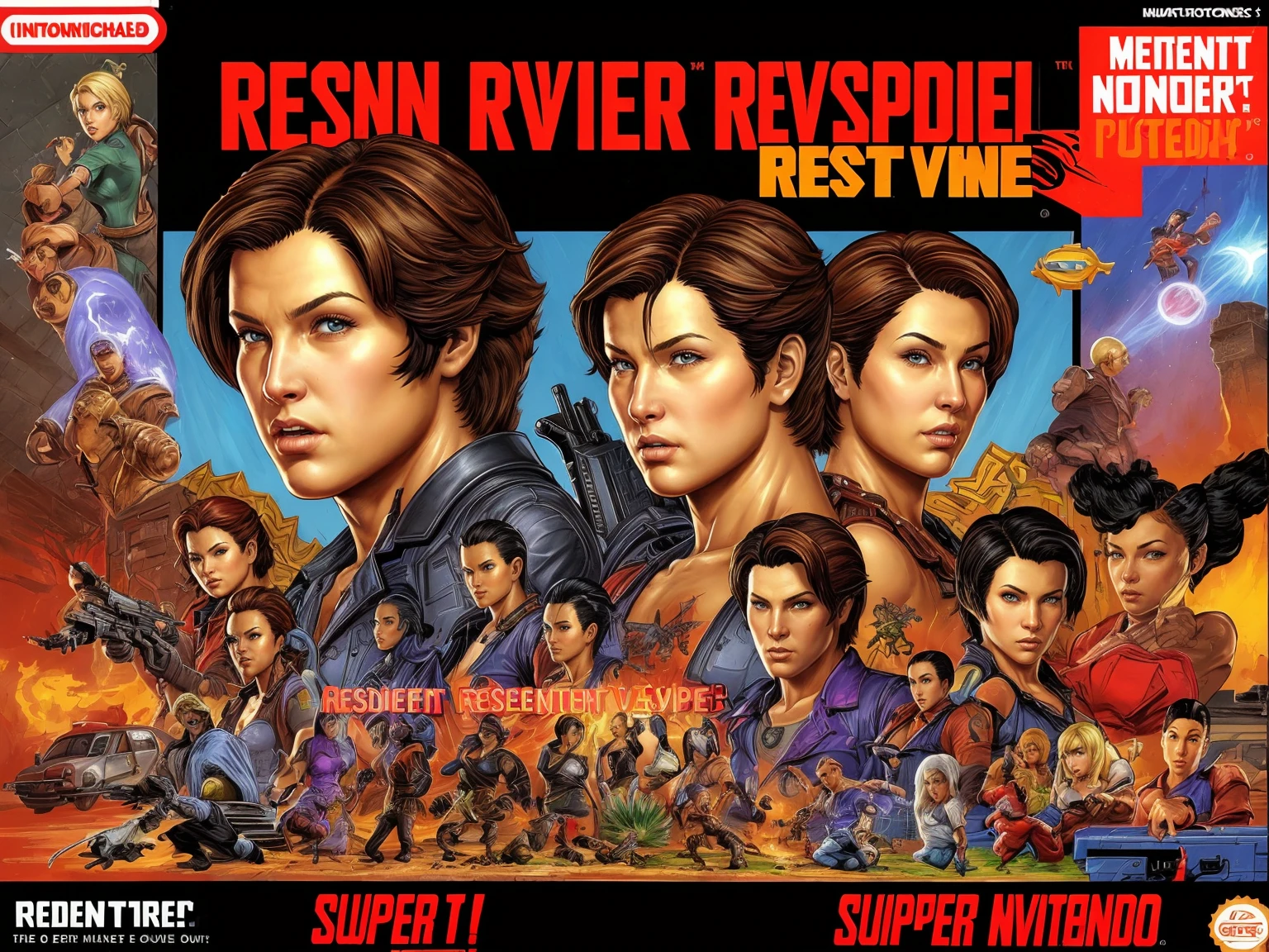 retro game art concept art <lora:quiron_SNESCover_v2_lora:0.97> , SnesQuiron cover, masterpiece, best quality, ((resident evil) game), videogame cover, snes cover, cover, logo, game title, english text, Full cover, . digital artwork, illustrative, painterly, matte painting, highly detailed . 16-bit, vibrant colors, pixelated, nostalgic, charming, fun