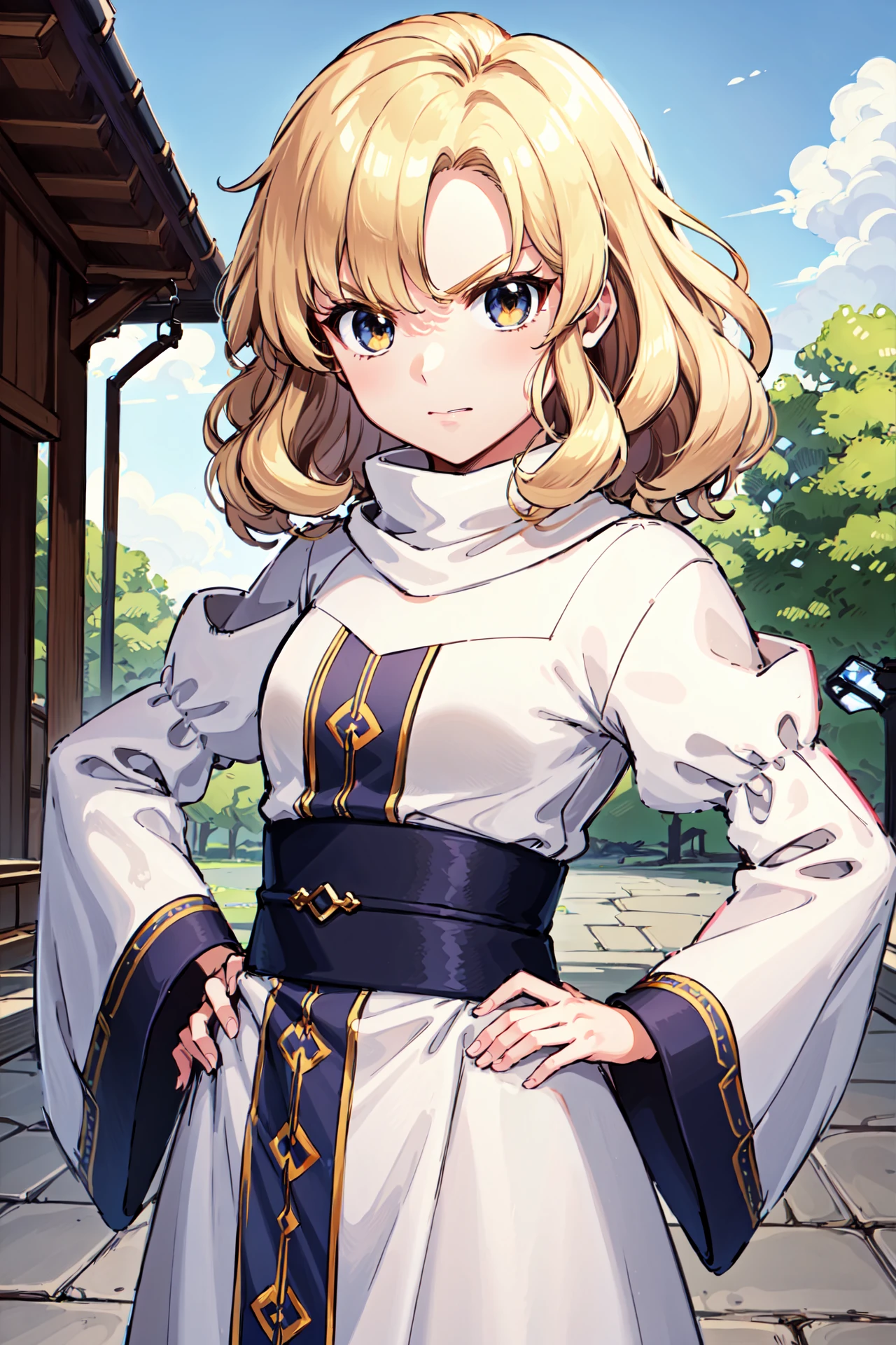 upper_body,hand on hip,child,<lora:yuliyaV2:0.8>, yuliya, wavy hair,curly hair,boots,  looking at viewer,angry,white robe,,wide sleeves,turtleneck,outdoors,(masterpiece, best quality, ultra-detailed, best shadow)