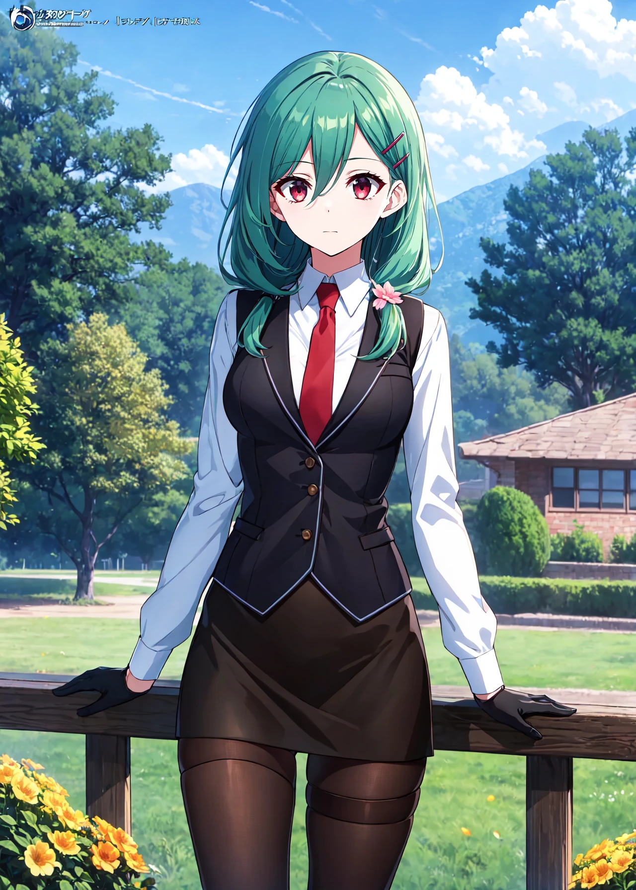 absurdres, highres, (official art, beautiful and aesthetic:1.2), ultra detail, beautiful person, long hair, 1girl, solo, red eyes, green hair,
shirt, hair ornament, gloves, long sleeves, white shirt, pantyhose, necktie, black gloves, hairclip, collared shirt, miniskirt, black skirt, vest, black pantyhose, thigh strap, red necktie, pencil skirt, brown pantyhose, black vest,
country side, bluesky,
wind effects, flower effects, (cowboy shot),
 <lora:Evelyn_agenate:0.65>
