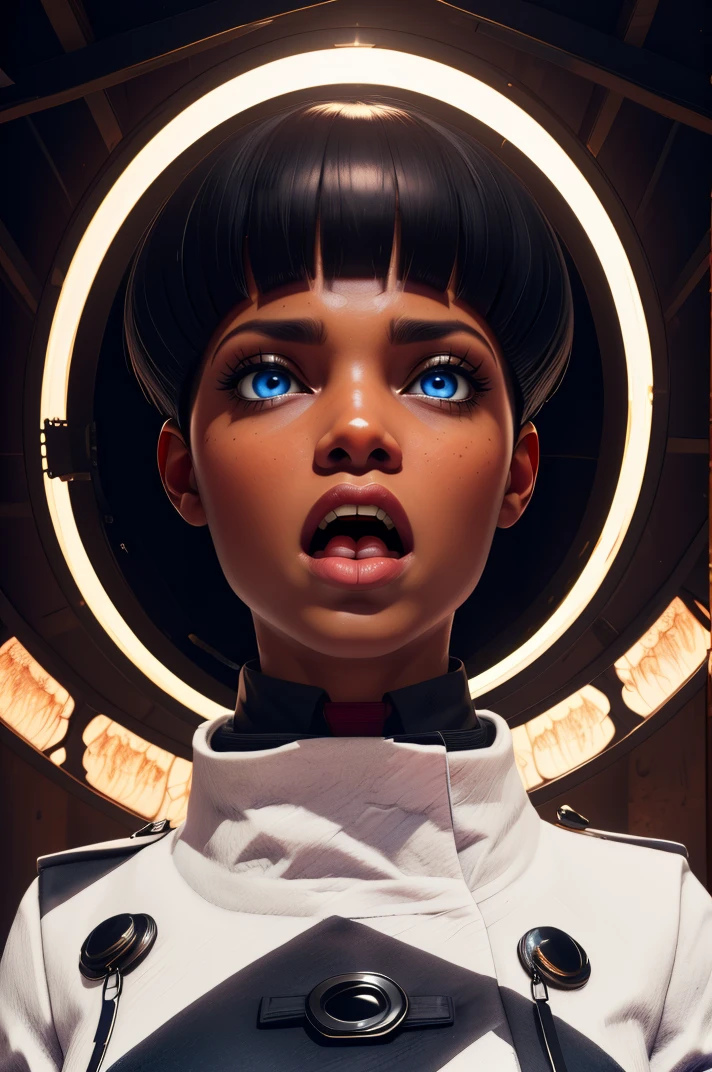 Harriet,blue eyes,black hair,short bob cut,open mouth,clenched hand,
patterned coat,black gloves,jewelry,from below,
standing,upper body,looking at viewer,shouting,
stage,lights,
(insanely detailed, beautiful detailed face, masterpiece, best quality) solo,<lora:Harriet-11DL:0.8>,
