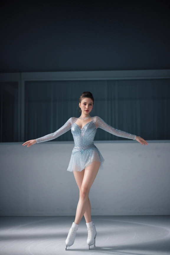 1. "Female ice skater (ethnicity: Caucasian, age: early 20s) on an indoor ice rink (setting: glacial, sparkling). She's wearing a dazzling skating costume (fabric: sequined, light blue) with her hair styled in a sleek bun, accented with delicate ice crystal accessories, and her makeup is shimmering and frost-like. She's performing an elegant spin (action: graceful, precise), her pose embodying fluidity and poise, surrounded by the soft glow of the rink lights reflecting off the ice." <lora:Instaface-10:1>