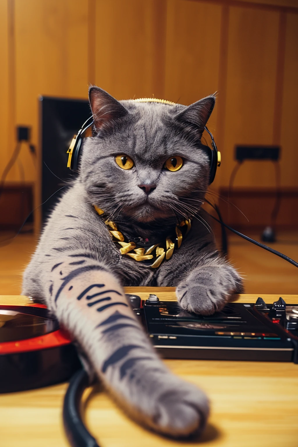 highres, 8k, absurdres, realistic, (Chartreux:1.3), (cat_human:1.3), sunglasses, cat, necklace, jewelry, tattoo, no humans, blurry, eyewear on head, animal, headphones, chain, chain necklace, looking at viewer, gold chain, indoors, arm tattoo, blurry background, instrument, depth of field, solo,
<lora:Chartreux_v3-000010:0.55>
