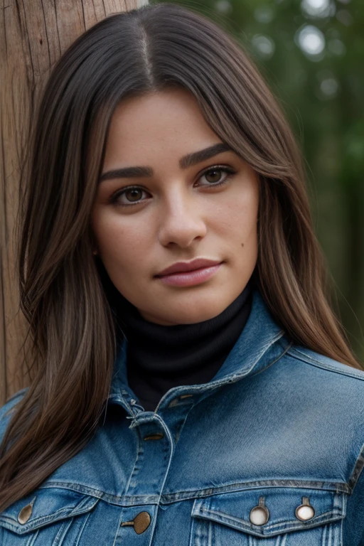 (RAW, analogue, Nikon Z 14mm ultra-wide angle lens, award-winning glamour photograph, ((best quality)), ((masterpiece)), ((realistic)), skin pores, subsurface scattering, radiant light rays, high-res, detailed facial features, high detail, sharp focus, smooth, aesthetic, extremely detailed, (extremely detailed eyes, extremely detailed iris), extremely detailed hair, extremely detailed skin, extremely detailed clothes, octane render, photorealistic, realistic, post-processing, max detail, realistic shadows, roughness, natural skin texture, real life, ultra-realistic, photorealism, photography, 8k UHD, photography, hdr, intricate, elegant, highly detailed, sharp focus, stunning, beautiful, gorgeous), (photorealistic), (realistic), 134mich313, full body, brown hair, brown eyes, (denim jacket:1.3), (black turtleneck sweater:1.1), jeans, lips, outdoors, on a ranch, leaning on a wooden post, looking at viewer, upper body, morning, bright, <lora:Lea_Michele_PMv1_Lora:1.3>,, detailed skin texture, (blush:0.5), (goosebumps:0.5), subsurface scattering, ((Close-Up)), RAW candid cinema, 16mm, color graded portra 400 film, remarkable color, ultra realistic, textured skin, remarkable detailed pupils, realistic dull skin noise, visible skin detail, skin fuzz, dry skin, shot with cinematic camera