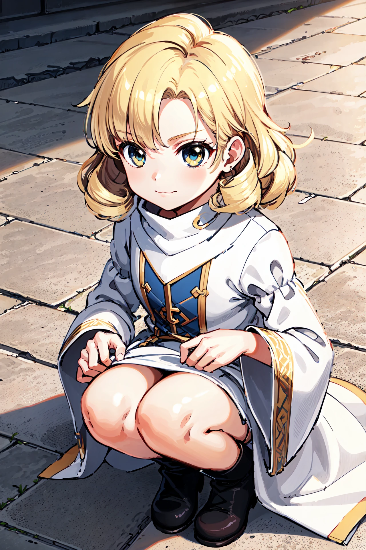 squatting,from above,;3,child,<lora:yuliyaV2:0.85>, yuliya, wavy hair,curly hair,boots, white robe,,wide sleeves,turtleneck,chapel,(masterpiece, best quality, ultra-detailed, best shadow)