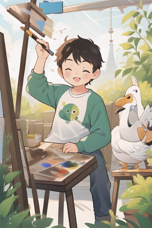 (a boy,man,male,Handsome,manly,cool),solo, ((A painter)), wearing a T-shirt with a crewneck, dabbing in paint, looking at an easel, drawing board, having colored paint, palette, using brushes, brushes, sitting in a farmyard, a creeper,charming smile,basking in the sun, masterpiece, best quality,