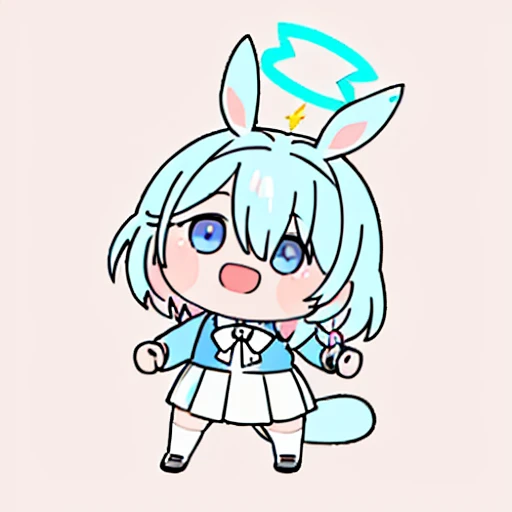 <lora:uma-0000010:1>,full body,standing,animal ears,rabbit ears,simple background,white background,
<lora:Arona_Blue_Archive_LoraV1:1>,1girl,solo,smile,short hair,open mouth,bangs,blue eyes,skirt,bow,ribbon,school uniform,blue hair,pink hair,braid,multicolored hair,arona (blue archive),blue halo,