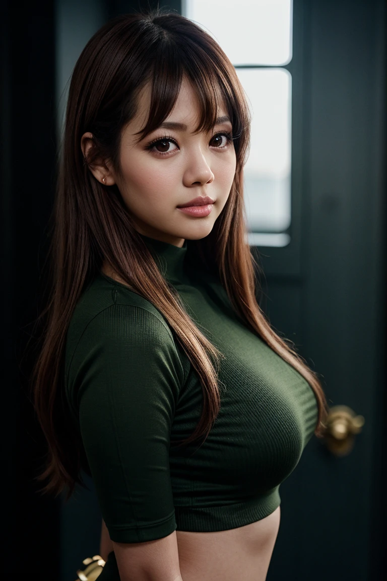 photo of (rar4nza1:0.99), a beautiful woman, closeup portrait, perfect brown hair, bangs, (modern photo, Midnight Green compression shirt), 24mm, (analog, cinematic, film grain:1.3), (summer:1.2), detailed eyes, (seductive pose), (epicPhoto), (looking at viewer)