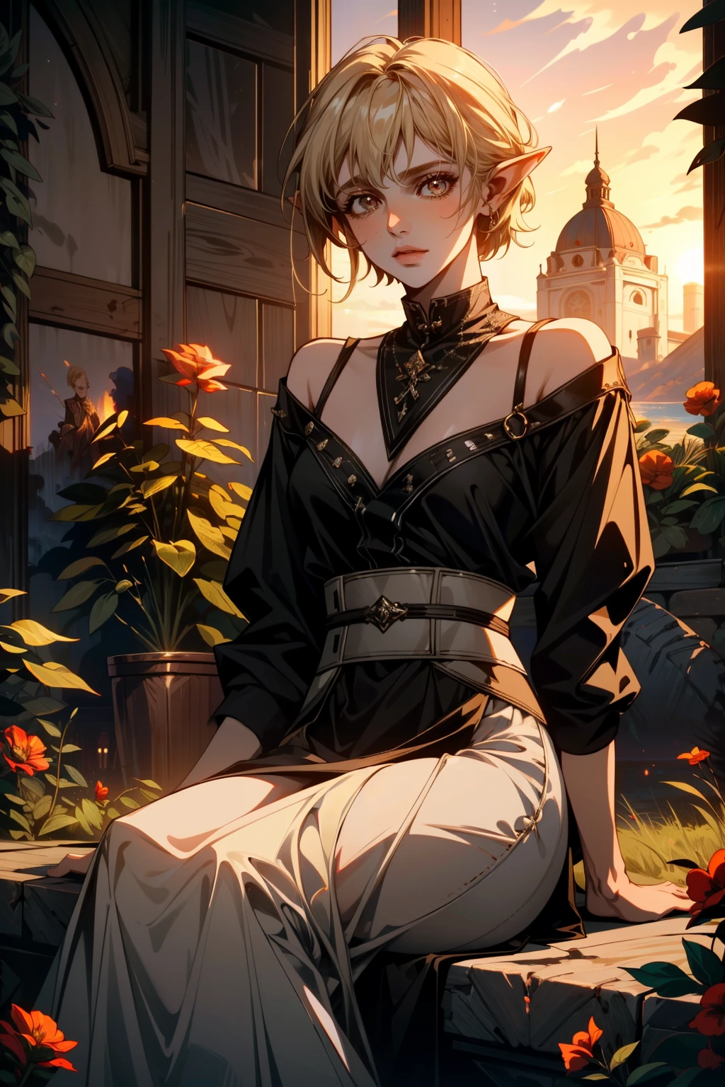 ((ultra detailed, masterpiece, absurdres))
<lora:DAISera:0.9>
DAISera, 1girl, solo, blonde hair, short hair, pointy ears, sitting at the beach, palm trees, ocean, waves, sunrise, cinematic lighting