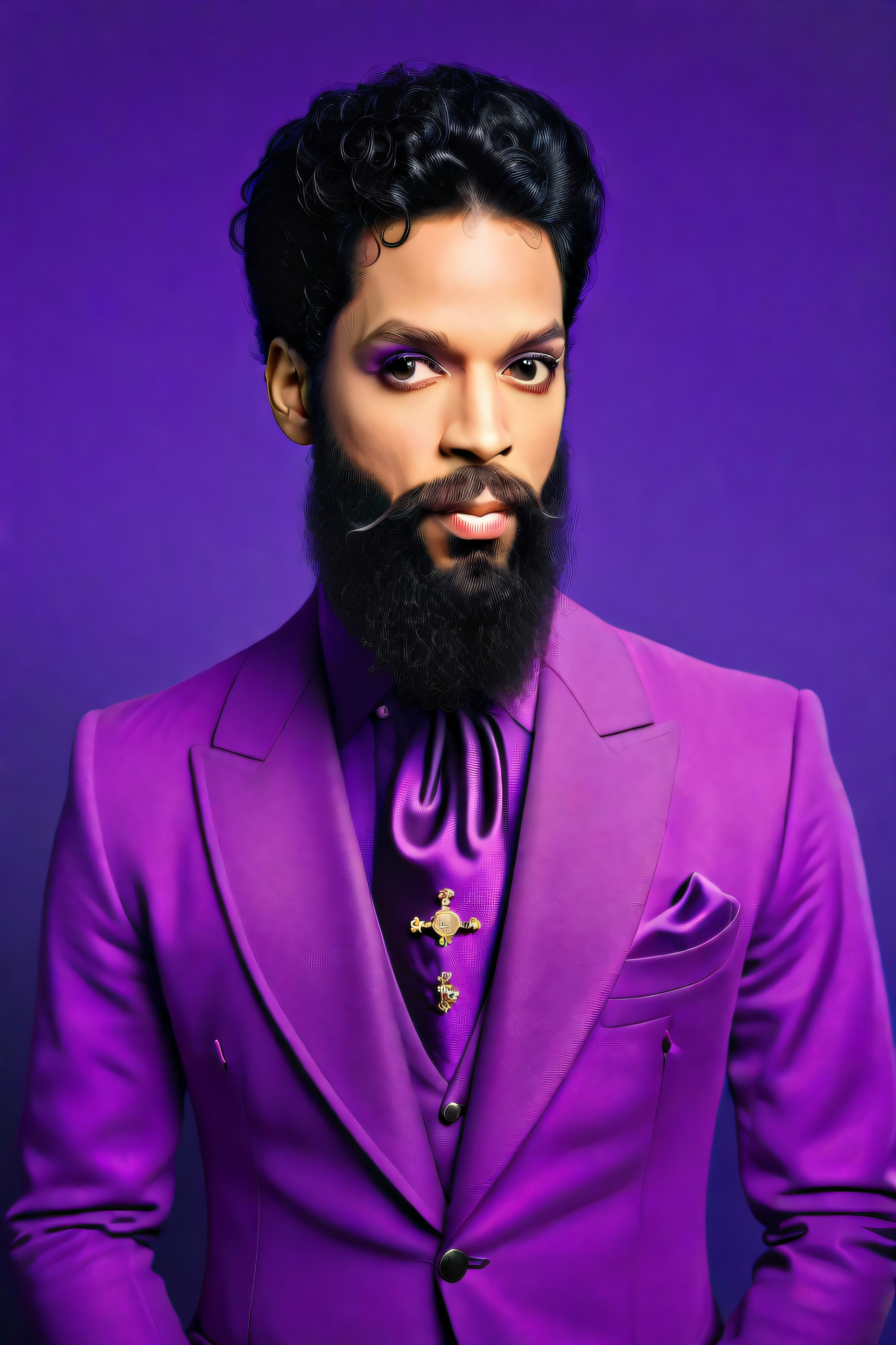 Prince with a beard, award winning photo, beautiful portrait, 8k, best quality, purple outfit, purple rain background 