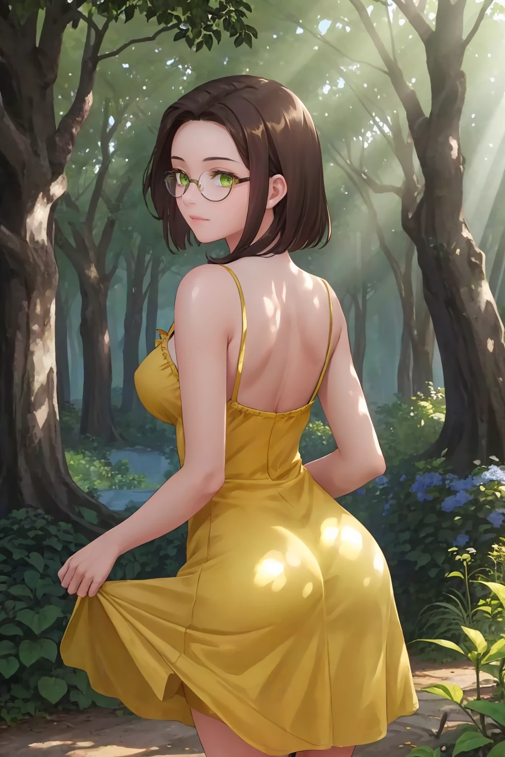 masterpiece, best quality, 1girl, solo, <lora:mimoza-sn2-richy-v1:1> mimoza, glasses, green eyes, (yellow sundress:1.3), large breasts, from behind, garden, forest, fantasy, sunbeam, sunlight, (dappled sunlight,:1.4) , looking back