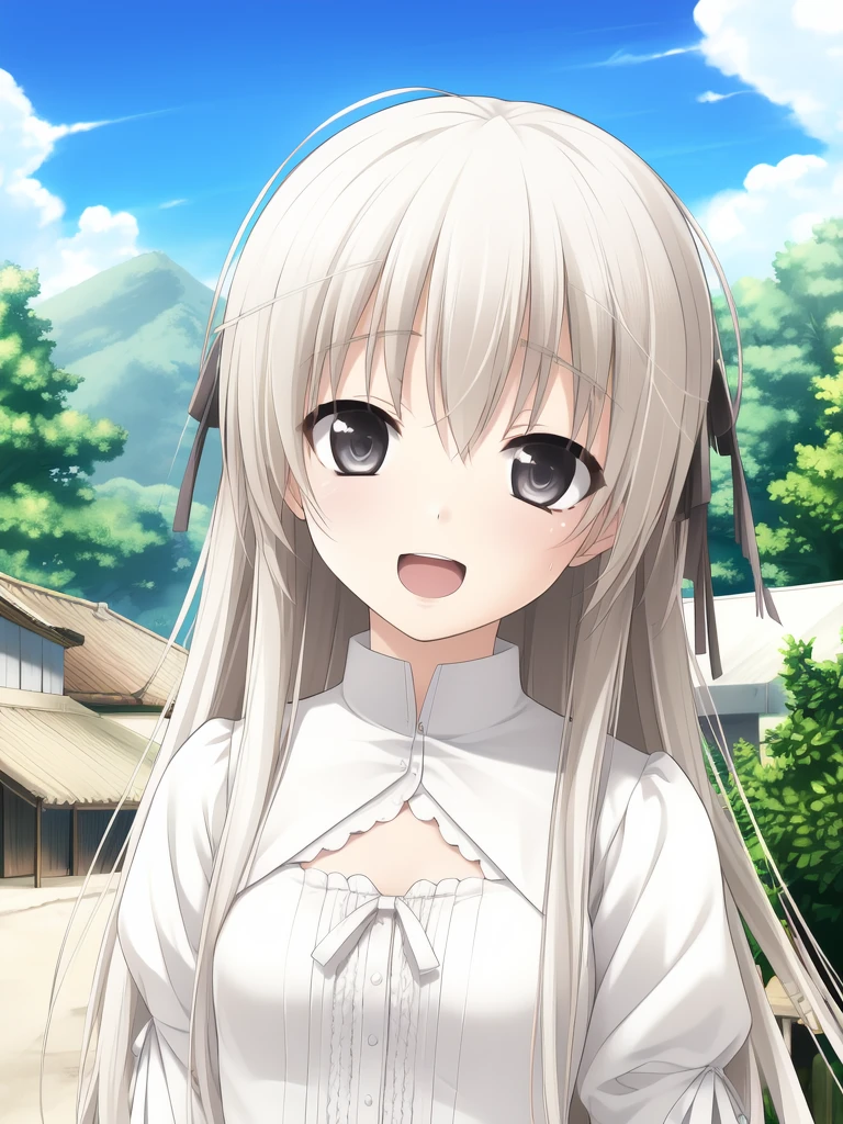 brother and sister, <lora:Kasugano_Sora:0.8> KasuganoSora, 1girl, soro, white hair, gray eyes, long hair, under body, hair ribbon, white dress, cowboy Shot,smile, open mouth,
masterpiece, high quality, very_high_resolution, large_filesize, full color,