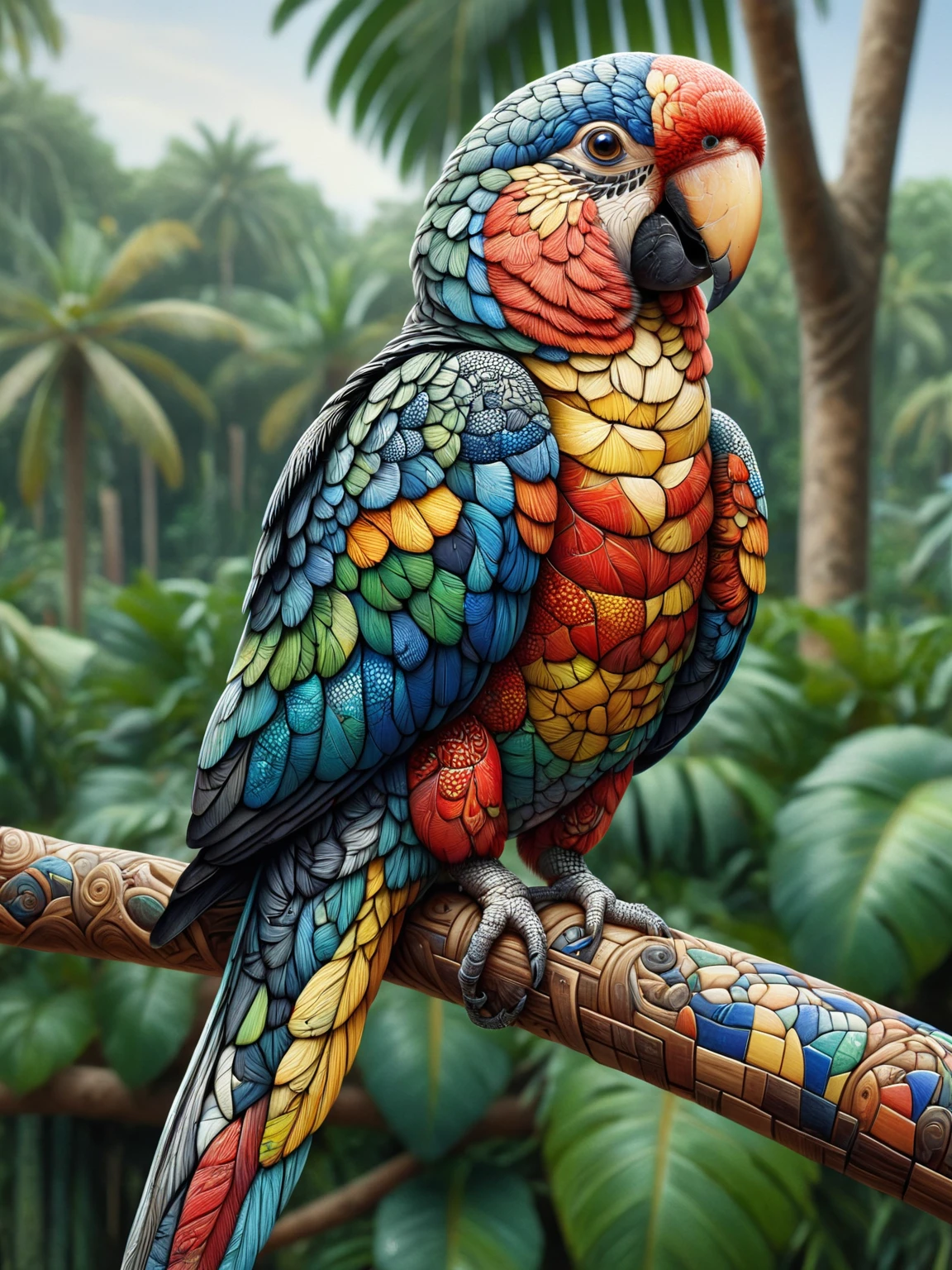 A ais-mosaic Parrot stood on a branch <lora:Mosaic_Texture_SDXL:1>
