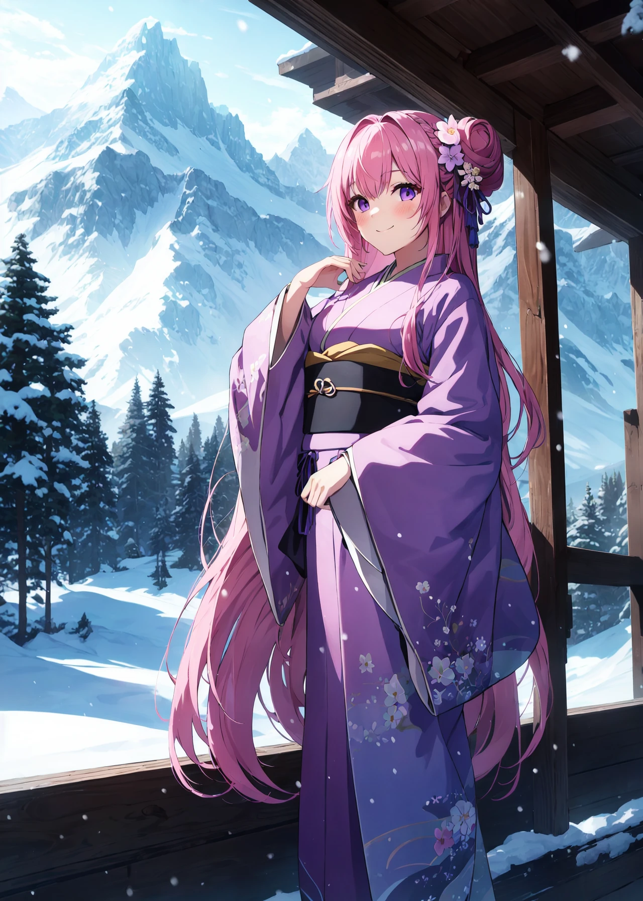absurdres, highres, (official art, beautiful and aesthetic:1.2), ultra detail, beautiful person, pink hair, purple eyes, long hair, bangs, 
blush, smile, hair ornament, long sleeves, very long hair, flower, japanese clothes, hair flower, wide sleeves, kimono, hair bun, sash, obi, tabi, zouri,
snow, mountain, snow peaked mountain, nature, outdoors, pine tree, 
 <lora:dorthy_agenate:0.65>