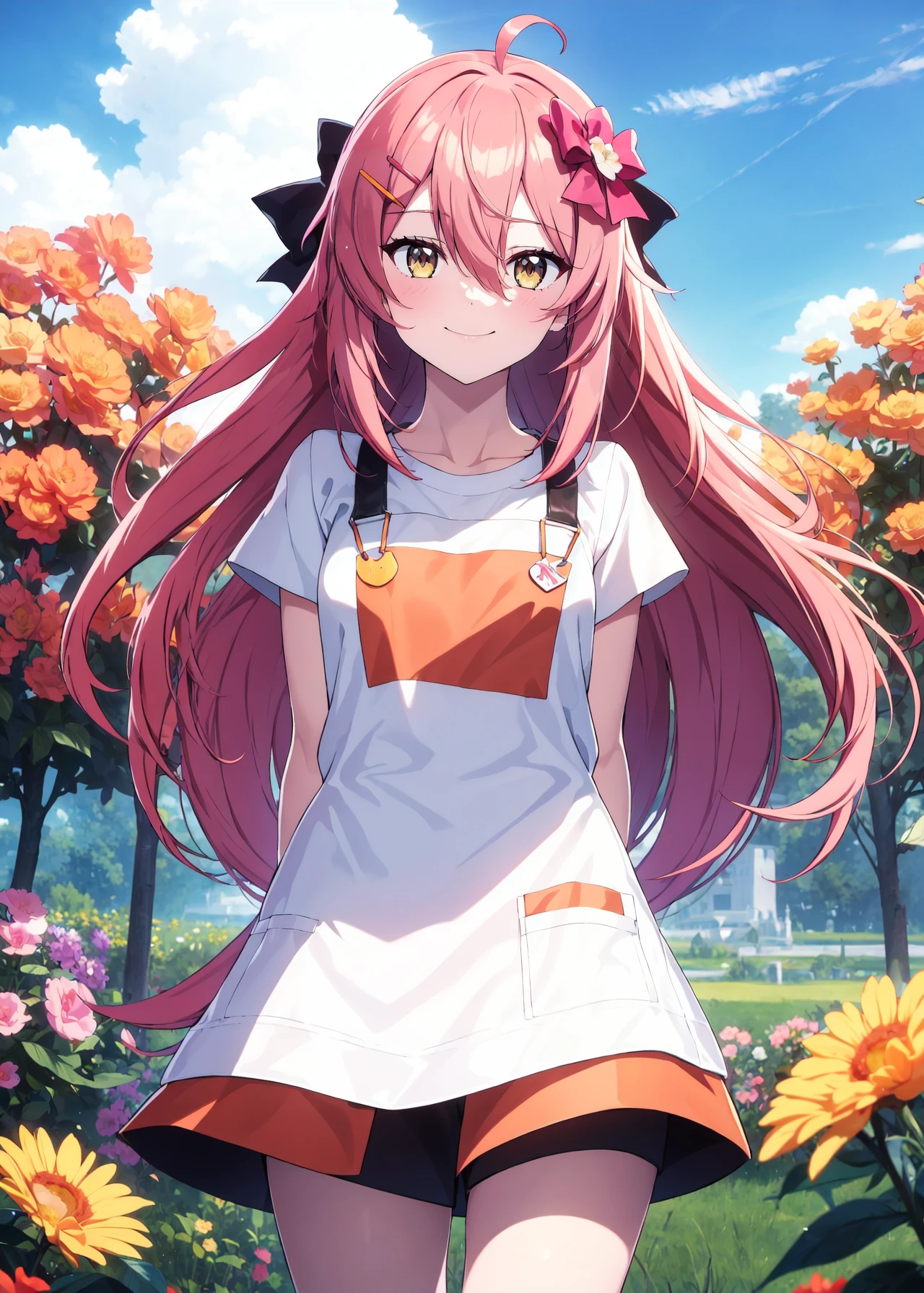 absurdres, highres, (official art, beautiful and aesthetic:1.2), ultra detail, beautiful person, very long hair, long hair, 1girl, solo, bangs, hair between eyes, orange eyes, orange hair,
smile, shirt, hair ornament, bow, collarbone, white shirt, ahoge, short sleeves, hair bow, shorts, hairclip, black skirt, apron, pink bow, wristband, red bow,
country side, bluesky, bare legs, arms behind back,
wind effects, flower effects, (cowboy shot),
<lora:yuna_agenate:0.65>