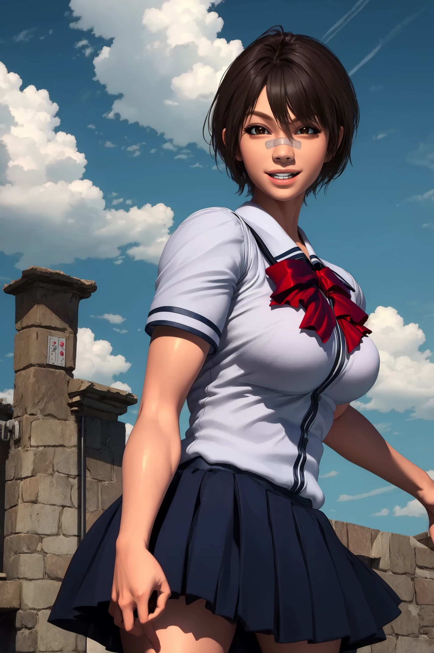 Ayane,brown hair,brown eyes,short hair,bandaid on nose,
school uniform,red bow,blue skirt,smile,
standing,
outdoors, 
(insanely detailed, beautiful detailed face, masterpiece, best quality) solo,<lora:AyaneTendo:0.7>,